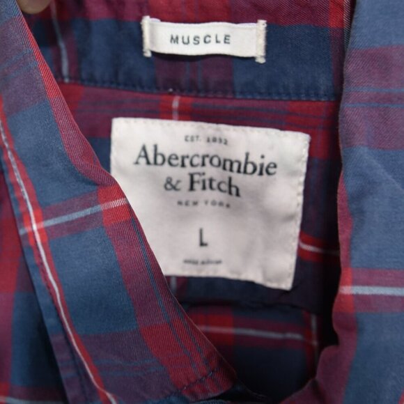 ABERCROMBIE & FITCH Men's Shirt Muscle Blue Plaid Moose Logo Cotton Large - Picture 6 of 9